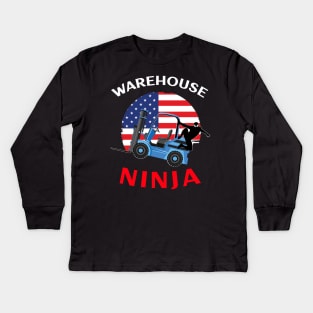 Forklift Ninja, Warehouse Ninja WBR American Flag Forklift Shirt Kids Long Sleeve T-Shirt